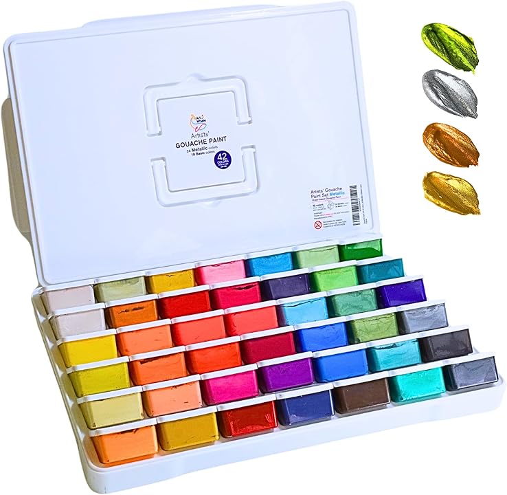 Gouache Paint Set 42 Colors, 50ml Cups with Lids – Basic & Pastel Colors, Art Whale Refillable Gouache, Opaque & Creamy, Mess-Free Storage, Travel Case, Non-Toxic
