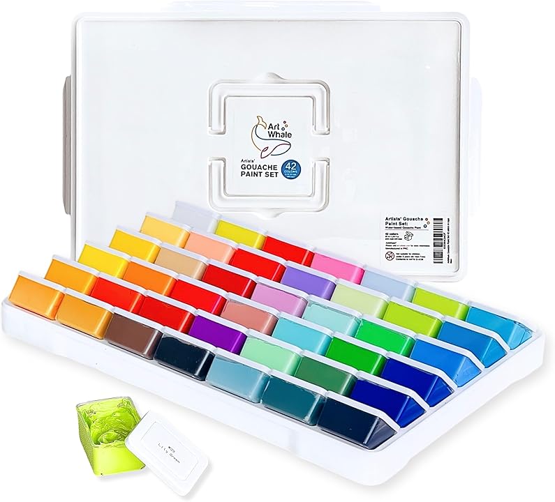 Gouache Paint Set 42 Colors, 50ml Cups with Lids – Basic & Pastel Colors, Art Whale Refillable Gouache, Opaque & Creamy, Mess-Free Storage, Travel Case, Non-Toxic