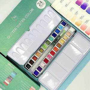 Art Whale Glitter Watercolor Paint Set – 24 Colors in Half Pans, Tin Box with Water Brush, Multi-Effect
