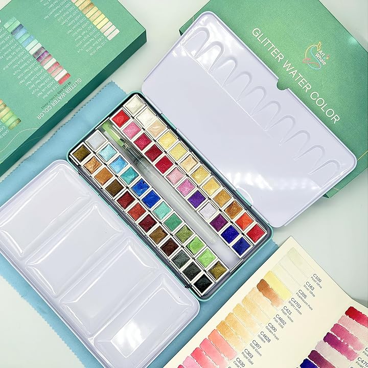 Metallic Watercolor Paint Set 48 Colors – Art Whale Half-Pans in Tin Box with Water Brush, High Pigment Multi-Effect Metallics, Works on Light & Dark Paper, Non-Toxic
