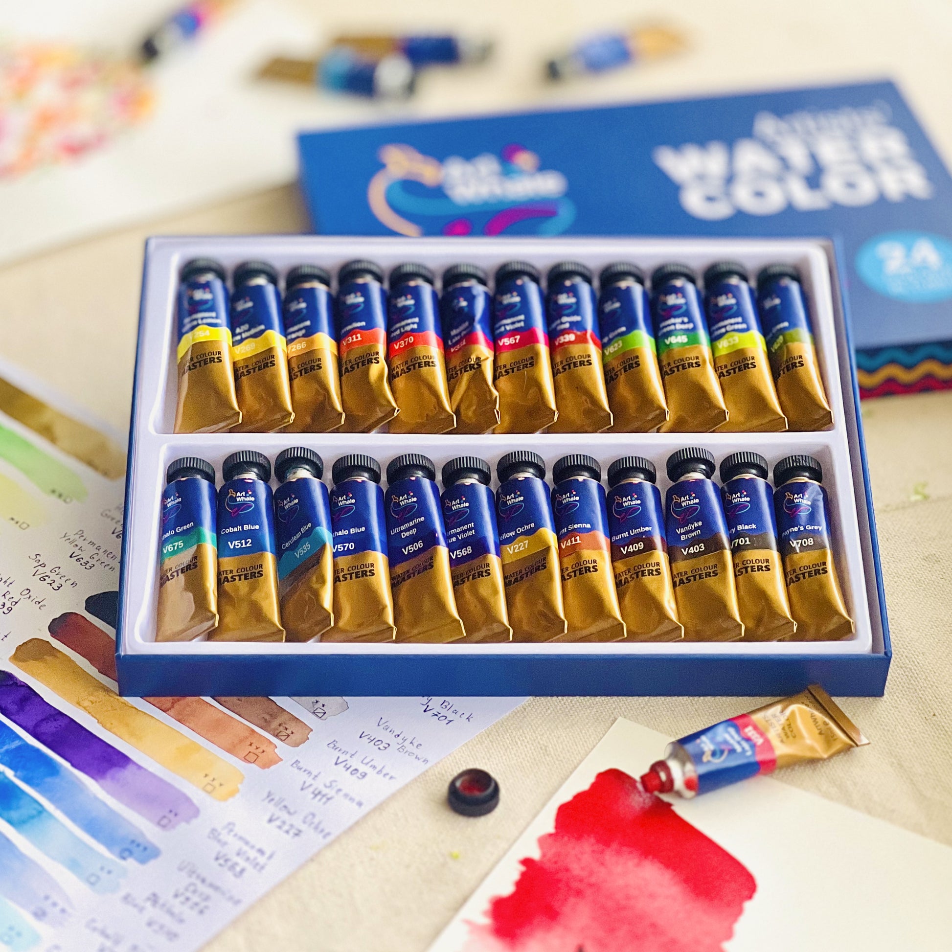 Art Whale Watercolor Paint Set, 12 Colors, 15ml/0.5oz Tubes, High-Pigment, Smooth Blending