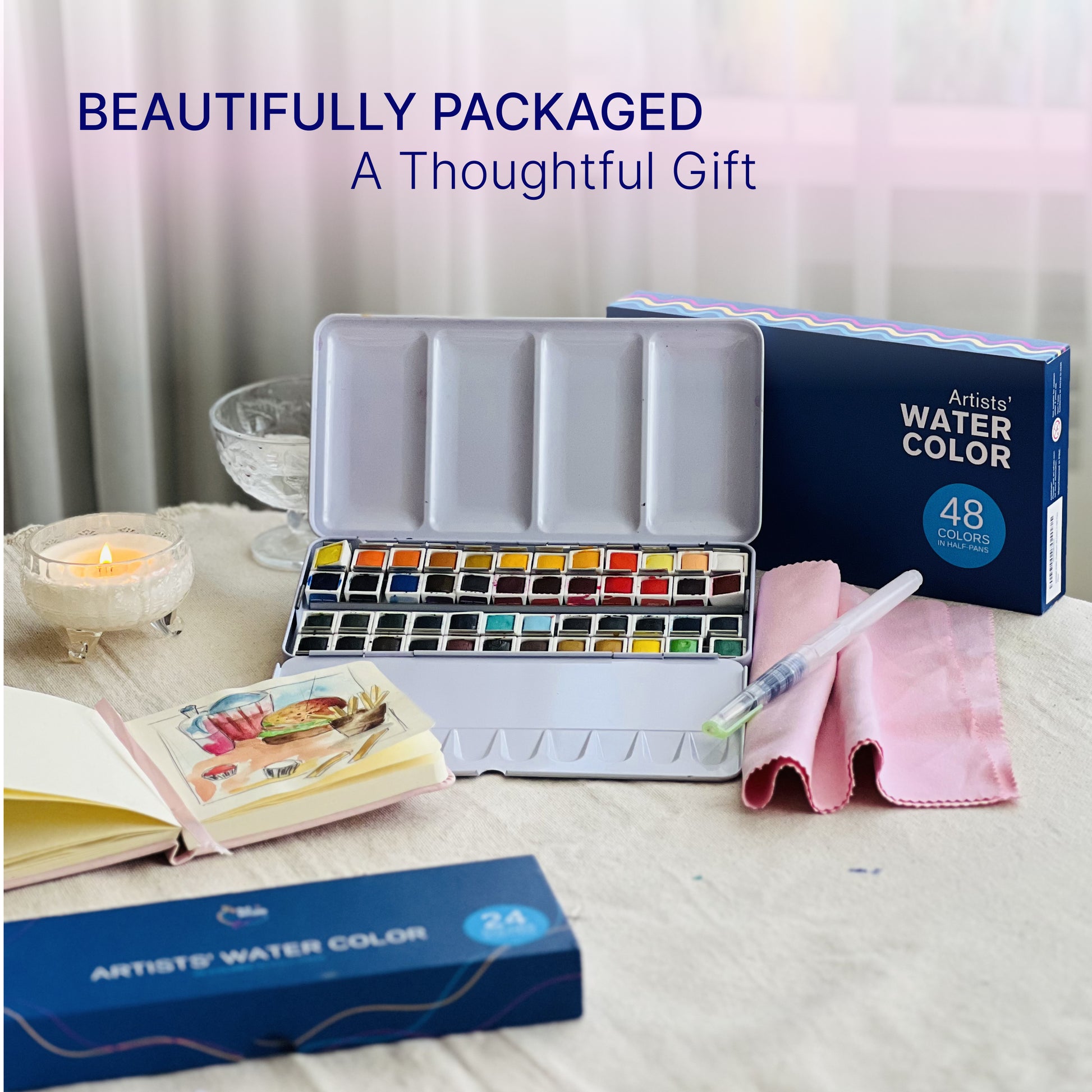 Watercolor Paint Set 48 Colors in Half-Pans|Tin Box&Waterbrush