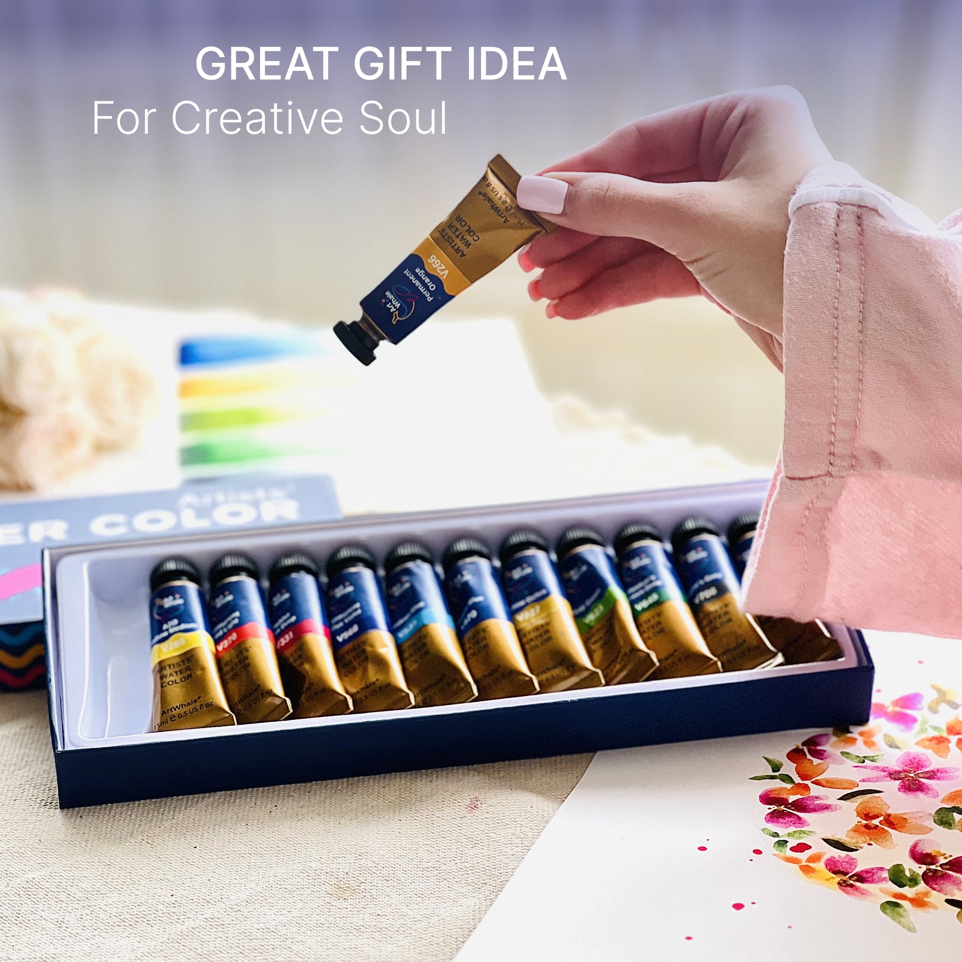 Art Whale Watercolor Paint Set, 12 Colors, 15ml/0.5oz Tubes, High-Pigment, Smooth Blending