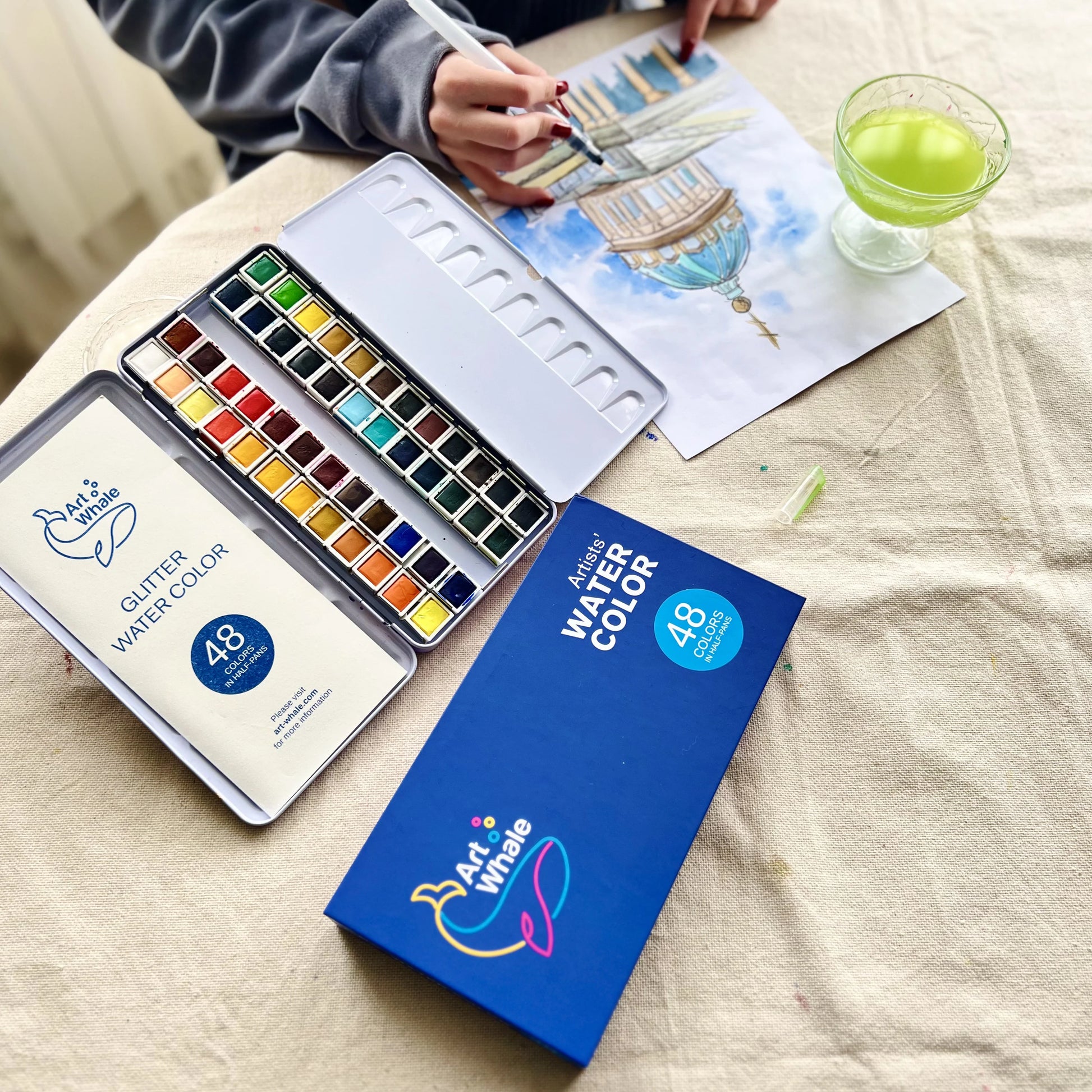 Art Whale Watercolor Paint Set – 48 Colors in Half Pans, Tin Box with Water Brush, High Pigment