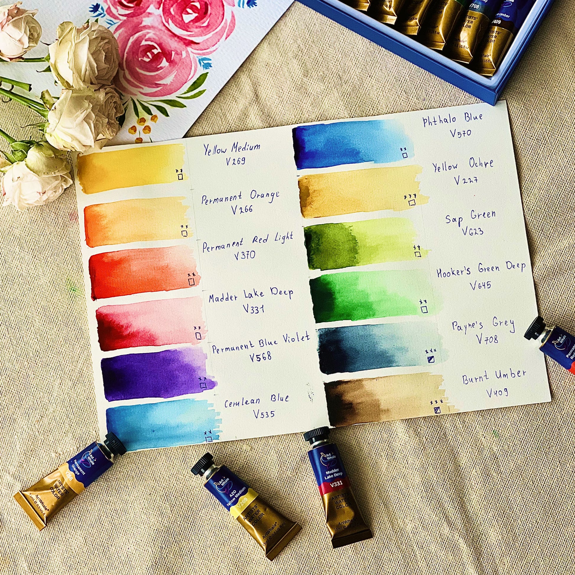 Art Whale Watercolor Paint Set, 12 Colors, 15ml/0.5oz Tubes, High-Pigment, Smooth Blending