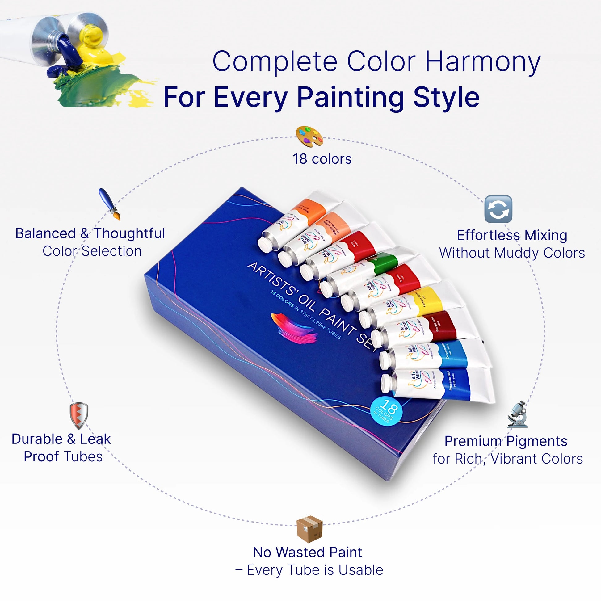 Art Whale Oil Paint Set – 18 Colors in Large 37ml Tubes, High Pigment
