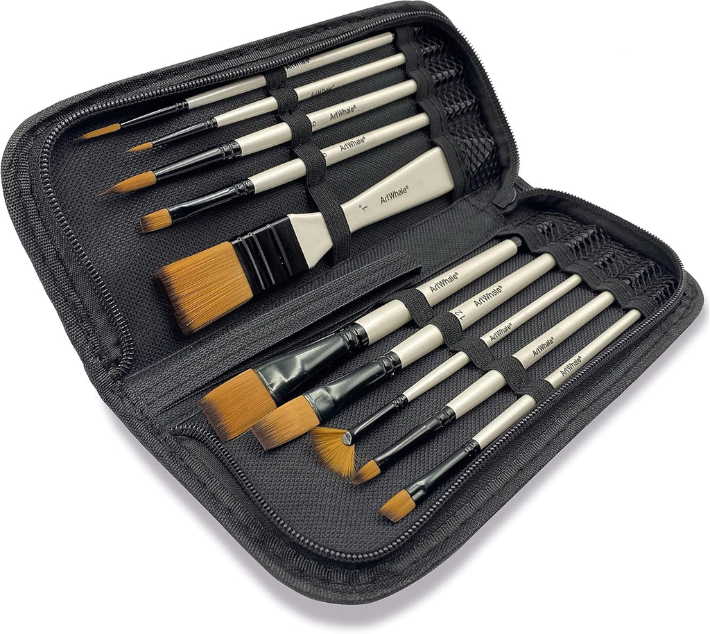 Paint Brush Set 10 pcs for Acrylic, Oil & Watercolor – Art Whale Synthetic Nylon Bristles, Wooden Handle, Artist Paint Brushes – Black