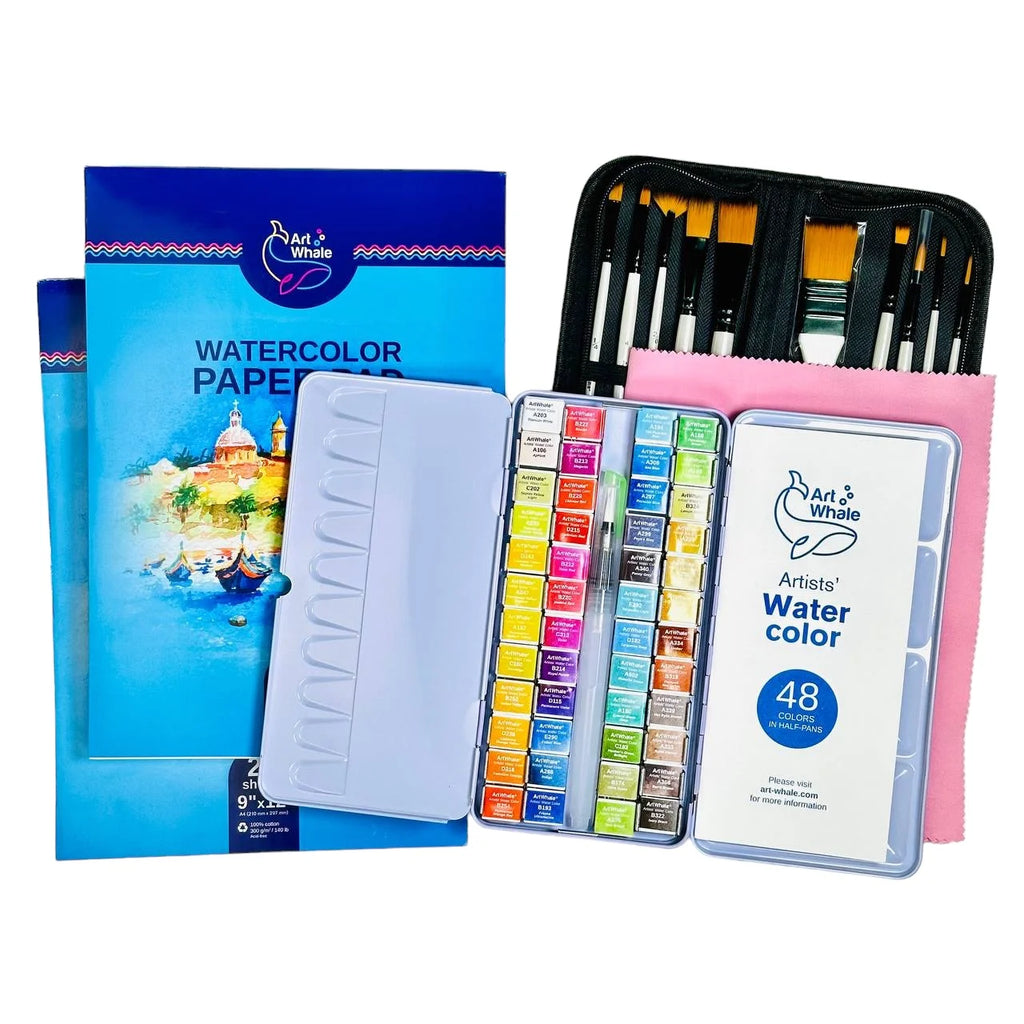 Art Whale Watercolor Bundle – 48 Watercolor Paint Set, Brushes & 2 Paper Pads (48 Sheets)