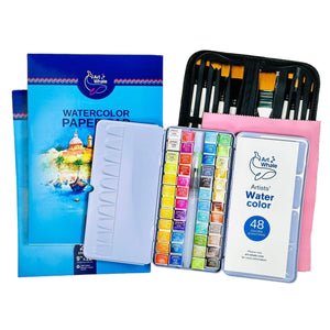 Art Whale Watercolor Bundle – 48 Watercolor Paint Set, Brushes & 2 Paper Pads (48 Sheets)