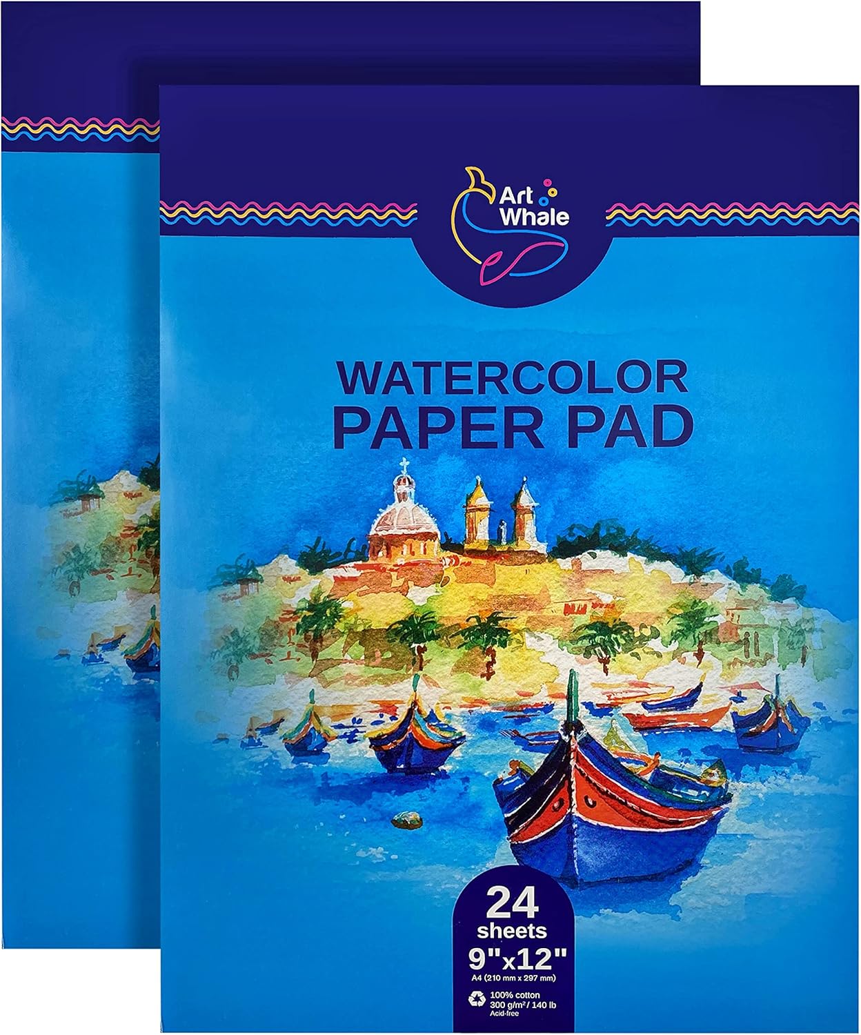 Watercolor Paper Pad 140 lb / 300 GSM – Art Whale Cold Press Textured Paper, Pack of 2 Pads (24 Sheets Each), Heavyweight Watercolor Painting Paper, Glue Bound