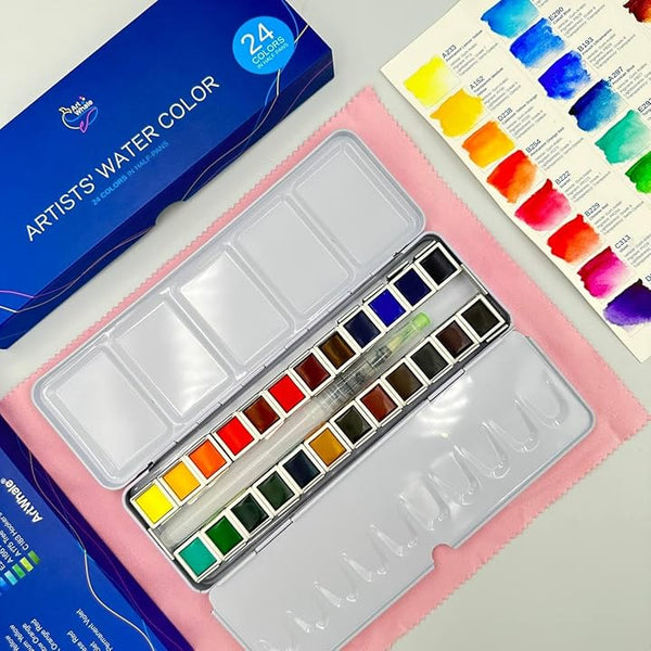 Watercolor Paint Set 24 Colors – Art Whale Half-Pans in Tin Box with Water Brush, Pro-Grade Pigments, Smooth Blending, Portable & Beginner-Friendly, Non-Toxic