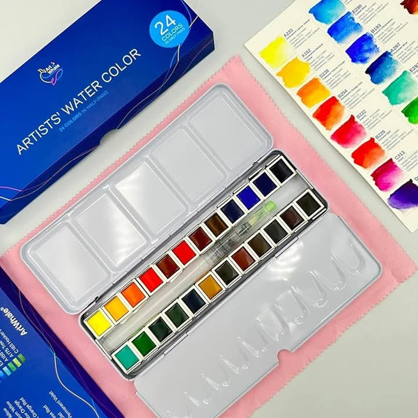 Art Whale Watercolor Paint Set – 24 Colors in Half Pans, Tin Box with Water Brush, High Pigment