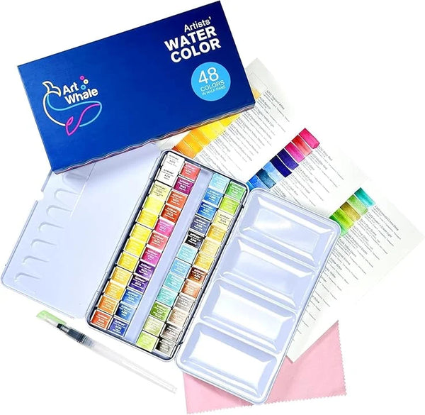 Art Whale Watercolor Paint Set – 48 Colors in Half Pans, Tin Box with Water Brush, High Pigment
