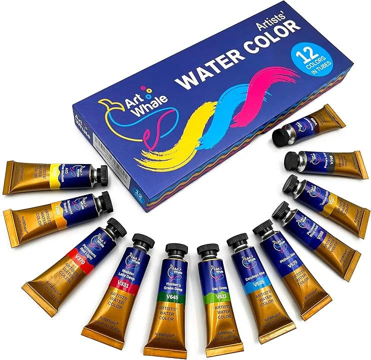 Art Whale Watercolor Bundle – 12 Watercolor Tube Set & 2 Paper Pads (48 Sheets)