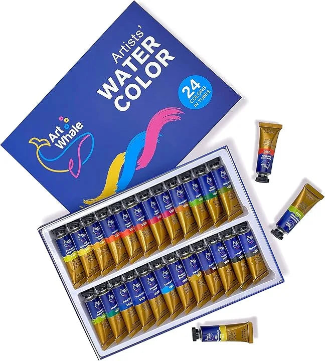Art Whale Watercolor Paint Set – 24 Colors in 15ml Tubes, High Pigment, Easy Blending, Non-Toxic