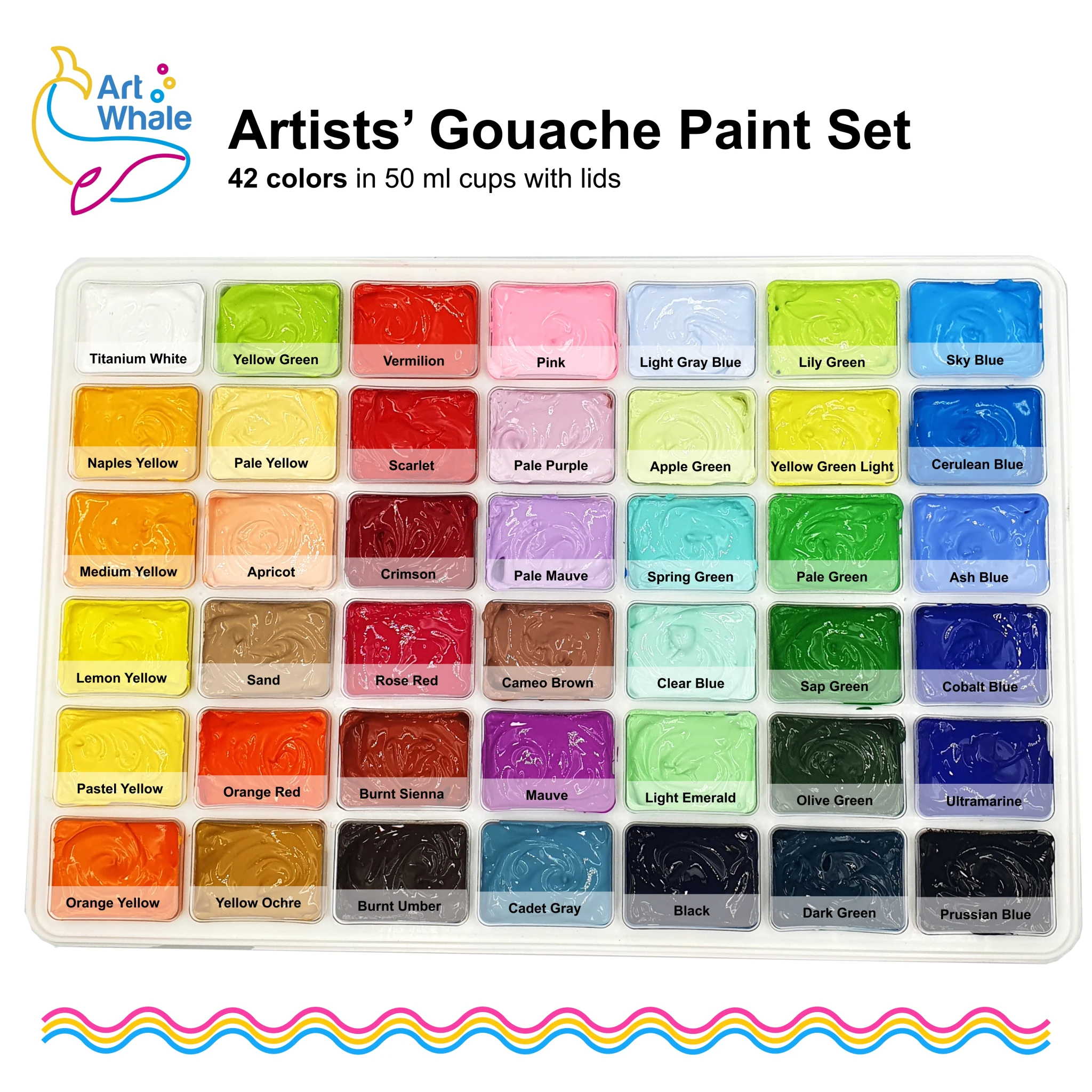 Art Whale Gouache Paint Set 42 Colors x 50 ml, 1.7 fl oz Cups With Lids in a Carrying Case
